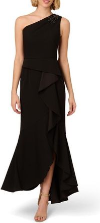 Adrianna Papell Beaded One-Shoulder Crepe Gown in Black at Nordstrom, Size 16
