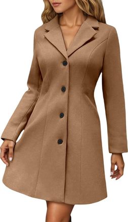 Generic Winter Coats for Women Wool Blend Trench Coat Plus Size Jackets for Womens Elegant Single Breasted Stand Collar Long Sleeve Tops Outerwear Casual Mid-