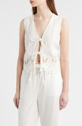 Rails Oregon Embroidered Eyelet Sleeveless Cotton & Linen Tie Front Top in White Palm Embroidery at Nordstrom, Size X-Large