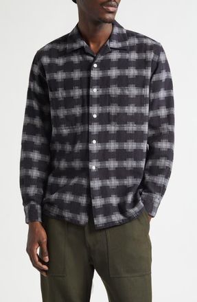 Beams Open Collar Brushed Plaid Flannel Button-Up Shirt in Black at Nordstrom, Size X-Large