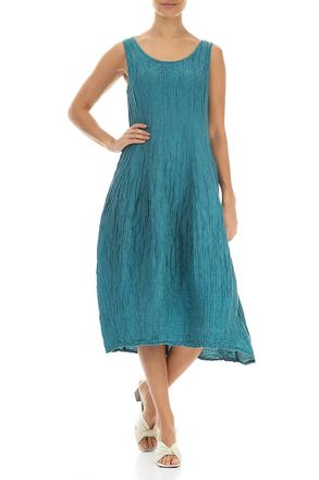 Grizas Sleeveless Ballon Crinkled Silk Linen Dress In Turquoise