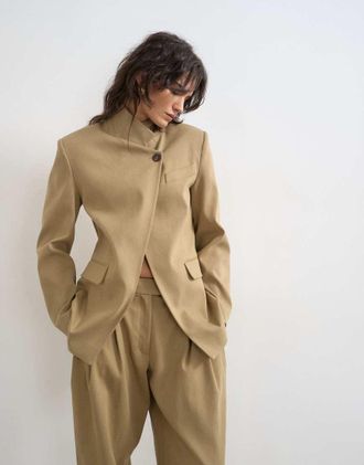 Topshop Blazer color pietra con collo a imbuto-Neutro