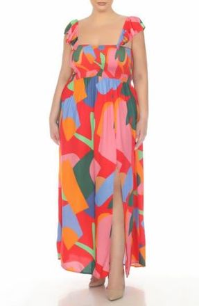 Boho Me Smocked Flutter Sleeve Maxi Dress in Red Abstract at Nordstrom Rack, Size 0/1X