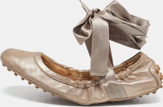Tod's Tods Metallic Bronze Nubuck Leather Scrunch Ribbon Ballet Flats