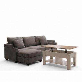 Urban Meuble Sof&aacute; rinconera gris oscuro y mesa de centro elevable blanca y madera