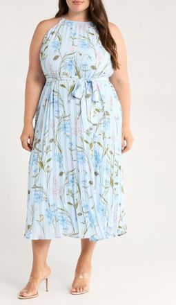 Sugarlips Leida Floral Pleat Midi Dress in Baby Blue at Nordstrom, Size 2 X