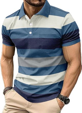 Generic Mens Casual Polo Shirts Short Sleeve Fashion Golf Shirt Classic Striped Slim Fit T-Shirts (UK, Alpha, XXL, Regular, Regular, 8)