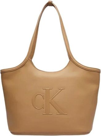 Calvin Klein Signature Monogram Laptop Tote Bag - Dames - Shoppers - Bruin - ONE Size - Leer - Tassen