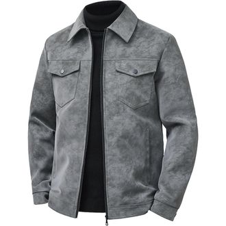 Generic Mens Suede Classic trucker Jacket Motorcycle Full Zip Bomber Jacket Casual Lightweight Faux Leather Jacket, Grey, XXL