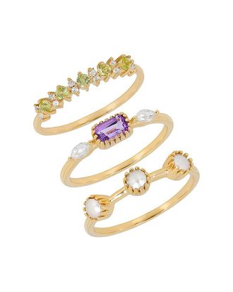 Tiramisu 14K Plated 1.36 Ct. Tw. Gemstone & 3X3mm Pearl Ring Set