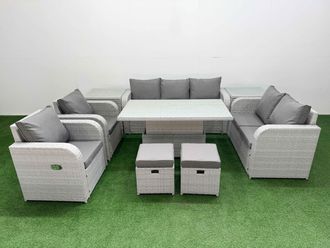 Fimous PE Rattan Garden Furniture Set Reclining Chair Sofa Double Love Seat 2 Seater Sofa Lounge Set Adjustable Lifting Dining or Coffee Table 2