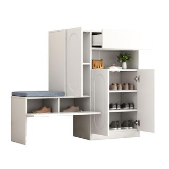 STILVORA Mueble Zapatero Con 2 Puertas Y Banco Acolchado, Estantes Ajustables, Cierre Suave, En Tablero Aglomerado, Blanco, 130&times;35&times;110 Cm