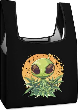 Generic Cute Aliens And Weeds Reusable Shopping Bags Lightweight Foldable Grocery Bag Polyester Washable Tote Bag