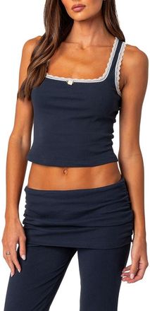Edikted Kadence Lace Trim Crop Tank in Navy at Nordstrom, Size Medium
