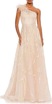 Mac Duggal Embellished One-Shoulder A-Line Gown with Feather Accent in Peach at Nordstrom, Size 16