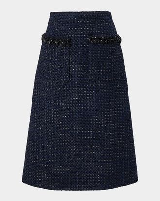 Carolina Herrera Embellished Pocket Tweed A-Line Midi Skirt