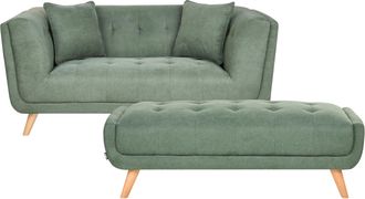 Beliani Sof&aacute; 2 Plazas De Tela Con Otomana Cojines Decorativos Patas De Madera Capiton&eacute; Estilo Retro Verde Habo