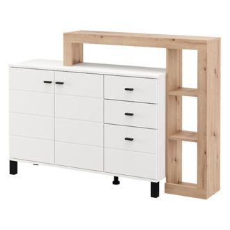 Dmora Credenza Valiza, Aparador 3 Cajones, 5 Estantes, Puerta Batiente, Deslizante, 145x35x101h Cm Blanco