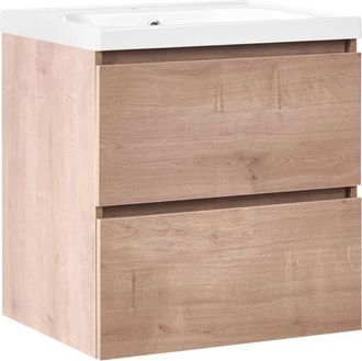 Beliani Mueble De Ba&ntilde;o Suspendido Con Lavabo Frente De Mdf 2 Cajones 60 X 49 Cm Marr&oacute;n Claro Lagoa