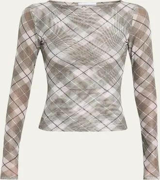Ronny Kobo Flume Plaid-Print Mesh Top