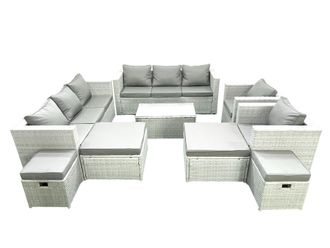 Fimous 9 Pieces Rattan Garden Furniture Set Outdoor Garden Sofa Chair Coffee Table Set with 4 Footstools Light Grey Mixed