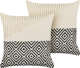 Beliani Conjunto De 2 Cojines De Algod&oacute;n Beige Negro 45 X 45 Cm Borlas Accesorio Calanthe