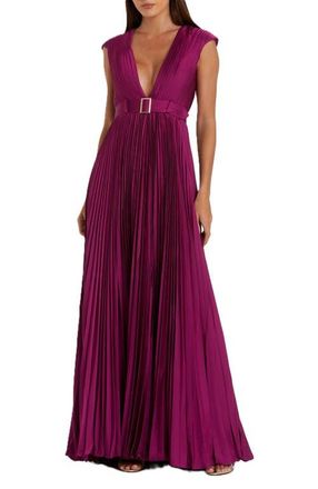 Mac Duggal Pleated Plunge Neck Belted Satin Gown in Raspberry at Nordstrom, Size 12