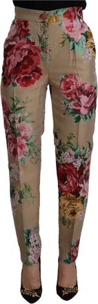 Dolce & Gabbana Bloemen hoge taille broek - Dames - Slim Fit Broeken - Beige - 2XS - Broeken