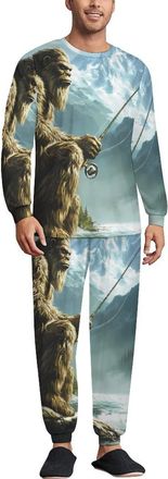 Generic Bigfoot Fishing Mens Pajama Set Crew Neck Loungewear Long Sleeve Pj Pants Pullover Nightwear 2 Pieces