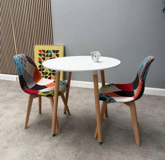 Life Interiors Patchwork Halo Dining Set for 2 - a Round Dining Table & Set of 2 Fabric Dining Chairs in White