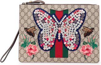 Gucci Pre-owned Womens Embroidered Butterfly Clutch - Tan Textile - One Size
