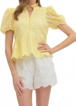 Entro Delilah Eyelet Puff Sleeve Top In Yellow
