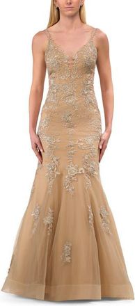La Femme Mermaid Prom Gown with Illusion Sides and Lace Applique in Light Gold at Nordstrom, Size 12