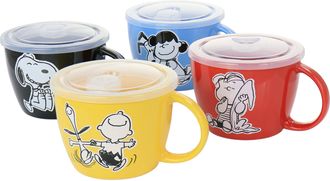 Gibson Peanuts 70th Anniversary 4 Piece Stoneware 23.5oz Soup Bowl Set with Vented Lids in Assorted Colors
