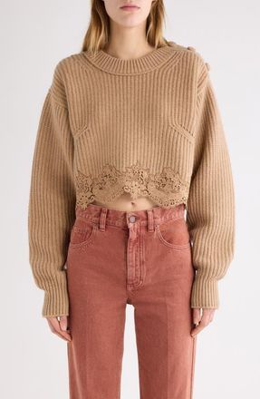 Chlo&eacute; Guipure Lace Hem Wool & Cashmere Crop Sweater in Bleached Brown at Nordstrom, Size X-Small