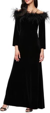Alex Evenings Maribou Detail Off the Shoulder Long Sleeve Velvet Gown in Black at Nordstrom Rack, Size 14