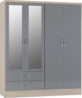Seconique NEVADA 4 DOOR 2 DRAWER WARDROBE - GREY GLOSS/LIGHT OAK EFFECT VENEER - SECONIQUE | TJ Hughes