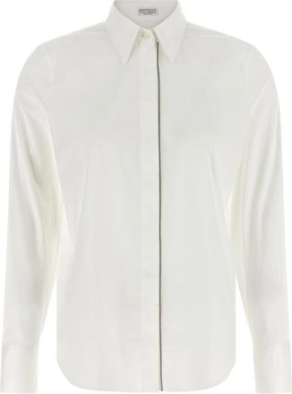 Brunello Cucinelli Stretch Cotton Poplin Shirt met Glanzende Trim - Dames - Overhemden - Wit - XS - Katoen - Overhemden