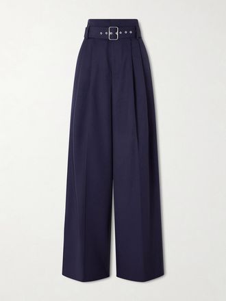 Ralph Lauren Collection Pantaloni A Gamba Larga In Twill Di Lana Con Pinces E Cintura - Blu
