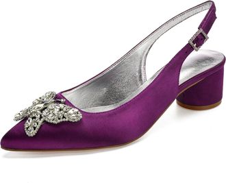 Generic Womens Chunky Heels Pointed Toe Wedding Shoes Satin Low Heels Elegant Bridal Slingback Party Evening Dress Shoes 4.5Cm,Purple,4 UK