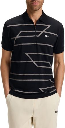BOSS Phlix Geometric Print Cotton Zip Polo in Black at Nordstrom, Size X-Large
