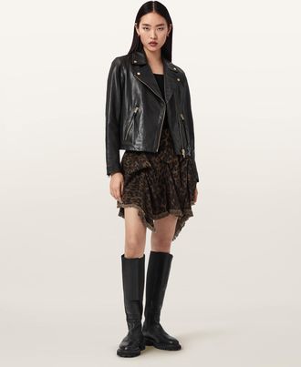 AllSaints Cotton/Lyocell Crissy Leopard Print Denim Mini Skirt, Size: UK 14/US 10