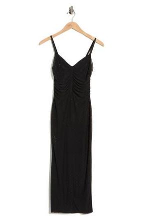 L'agence Narissa Rhinestone Embellished Shirred Mesh Midi Dress in Black at Nordstrom Rack, Size 14
