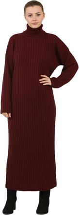 Janisramone Womens Ribbed Knitted Maxi Dress Funnel High Neck Long Sleeve Jumper Dress Warm Pull Over Comfortable Long Knitted Jumper Dresses Red