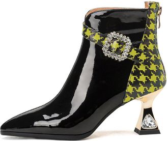 TinaCus Womens Patent Leather Handmade Pointy Toe Rhinestone Mid Heel Mixed Colors Zip Up Ankle Boots with Buckle, Yellow, 4.5 UK