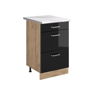 Vicco Mueble Bajo De Cocina R-line, Negro Brillo Intenso/roble Dorado, 50 Cm Encimera M&aacute;rmol, Vicco