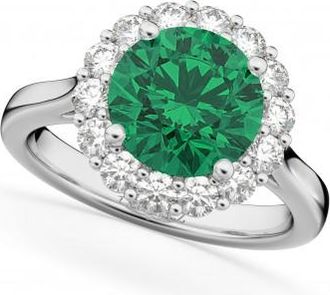 Allurez Halo Round Lab Emerald & Lab Grown Diamond Engagement Ring 14K White Gold 4.40ct