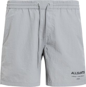 AllSaints Underground Logo Print Swim Trunks in Machine Grey at Nordstrom, Size Xx-Large