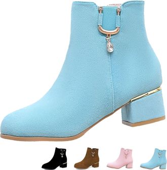 Generic Ladies Fashion Solid Suede Side Zip Chunky Heel Short Boots Stylish Low Chunky Block Heel Chelsea Booties Mid Heeled Ankle Boots (6.5,Blue)