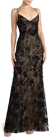 Mac Duggal Floral Embroidered Sleeveless Open Back Gown in Black Nude at Nordstrom, Size 10